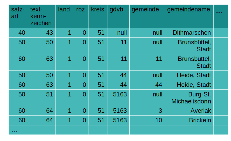 Die Quelltabelle q_00000000900008 mit ihren ersten Zeilen, schematisch dargestellt